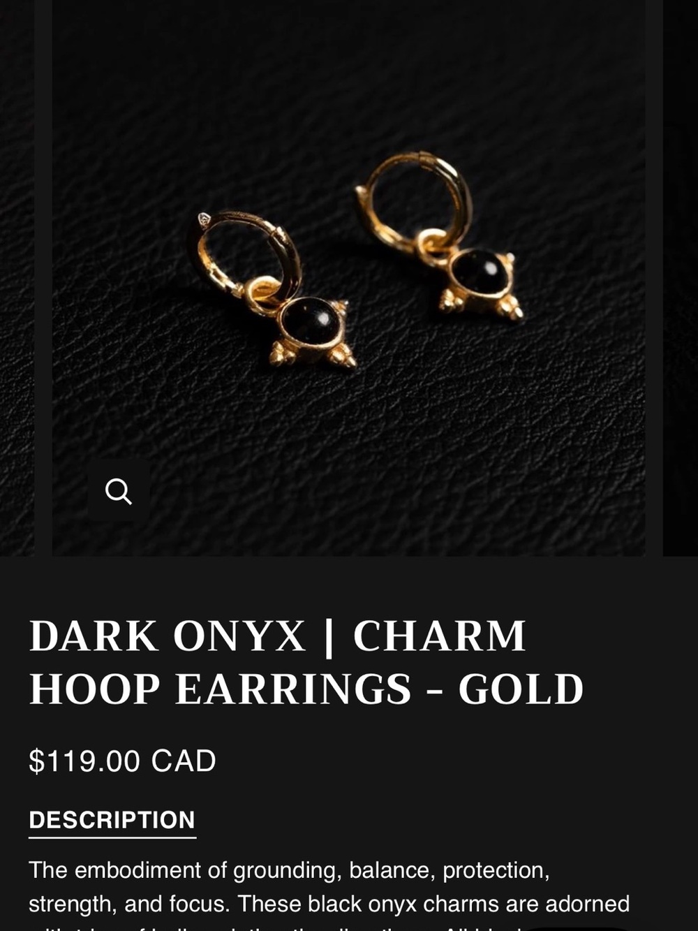 Gold Hoop Earrings with Dark Onyx Charm